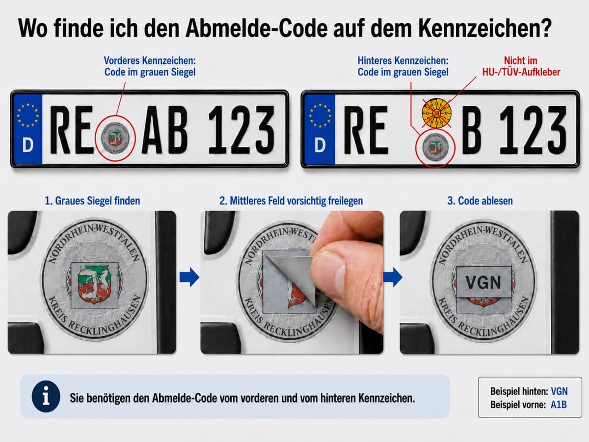 Abmelde-Code im grauen Siegel auf dem vorderen und hinteren Kennzeichen