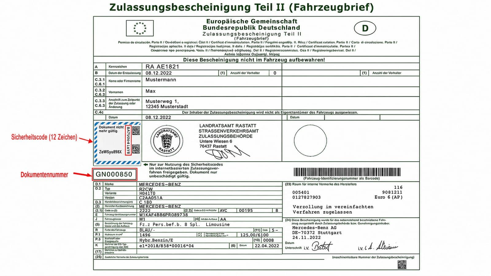 Zulassungsbescheinigung Teil II (Fahrzeugbrief) mit markiertem Sicherheitscode und markierter Dokumentennummer